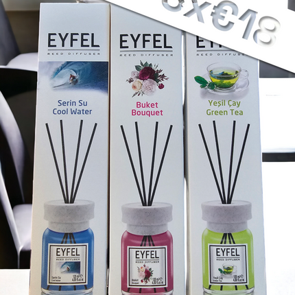 EYFEL REED DIFFUSER –120ml EYFEL home fragrance home diffuser available in 3 different sense
 
Eyfel Ocean
Transform your home into a seaside paradise with our Eyfel Ocean Reed Diffuser! Made