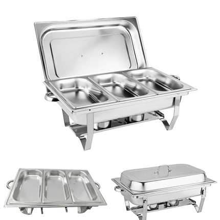 Chafing Dishes 11LitersBrand new!!!
Chafing Dish Set Food Warmer Buffet  Catering Stainless Steel
Available in single, double, triple
 Included: 
Dish 
Dish Stand 
Heating bowl capacity to