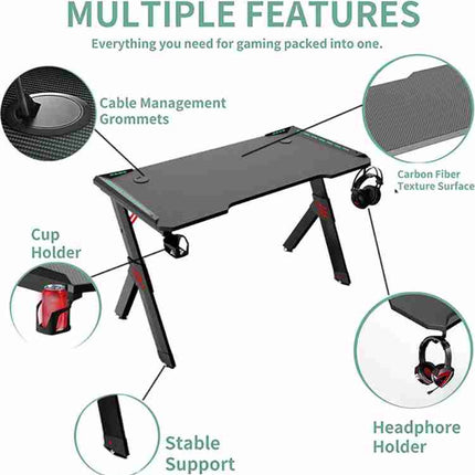 Gaming PC Table With LED lightsGaming Desk with RGB LED Lights, Computer Desk, with USB Gaming Handle Rack, Cup Holder &amp; Headphone Hook,
LARGE GAMING SURFACE:This gaming desk has a sleek carbo