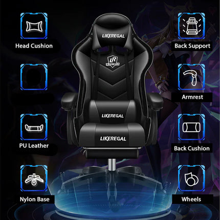 Gaming Chair with footrestComfortable Office Gaming Chair - White &amp; BlackChair Seat Height 48cmComplete chair height 126cm Gaming ChairGaming Chair Seat width 45CM without arms with arms 