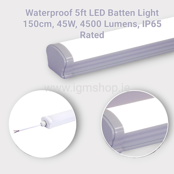 Waterproof 5ft LED Batten Light 150cm, 45W, 4500 Lumens, IP65 Rated