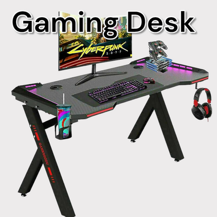 Gaming PC Table With LED lightsGaming Desk with RGB LED Lights, Computer Desk, with USB Gaming Handle Rack, Cup Holder &amp; Headphone Hook,
LARGE GAMING SURFACE:This gaming desk has a sleek carbo