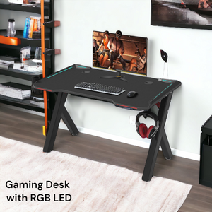 Gaming PC Table With LED lightsGaming Desk with RGB LED Lights, Computer Desk, with USB Gaming Handle Rack, Cup Holder &amp; Headphone Hook,
LARGE GAMING SURFACE:This gaming desk has a sleek carbo