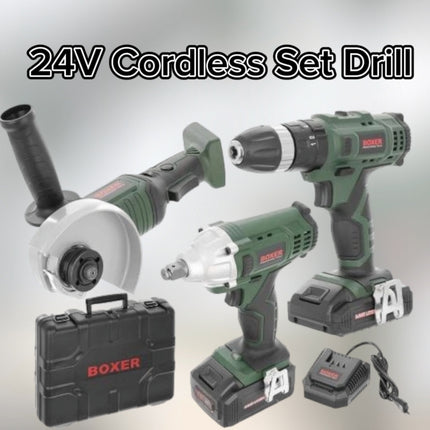 Cordless Set Drill, Grinder and Impact WrenchGet the job done quickly and easily with our Cordless Set Drill, Grinder, and Impact Wrench 24.4v, now with a 10mm chuck, fast charge time, and adjustable speed up t