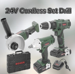 Cordless Set Drill, Grinder and Impact WrenchGet the job done quickly and easily with our Cordless Set Drill, Grinder, and Impact Wrench 24.4v, now with a 10mm chuck, fast charge time, and adjustable speed up t