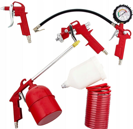 5PC Spray Gun Air Tools KitThe tire inflation gun is used to fill tubes and tires equipped with a valve with compressed air. The gun is equipped with a pressure gauge that allows you to contro