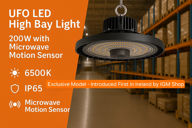 UFO LED High Bay Light 200W with Integrated Microwave Motion Sensor – 6500K, IP65