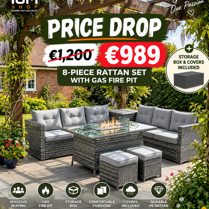 8 Piece PE Rattan Garden Furniture Set with Gas Fire Pit, Storage Box & Covers