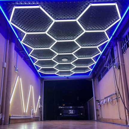 HEXAGON LED RGB OR WHITE LIGHTS WITH FRAME CAR GARAGE WORKSHOP GYM SALON SHOWROOM