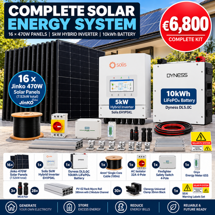 16 x Jinko 470W solar panels, 10.24kW Dyness battery, and a 5kW Solis hybrid inverter.
