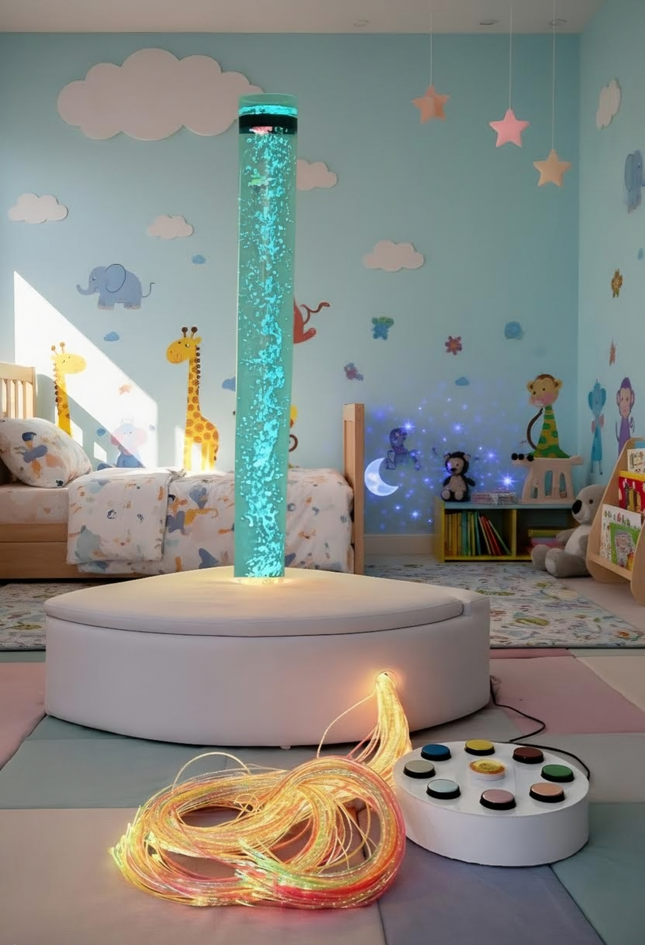 Sensory Corner Set with Fiber Optic Tails, Bubble Tube, and Button Remote