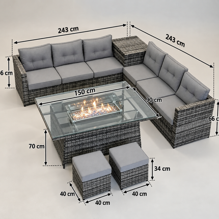 8 Piece PE Rattan Garden Furniture Set with Gas Fire Pit, Storage Box & Covers