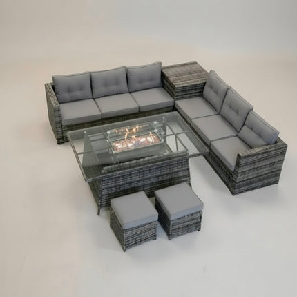 8 Piece PE Rattan Garden Furniture Set with Gas Fire Pit, Storage Box & Covers