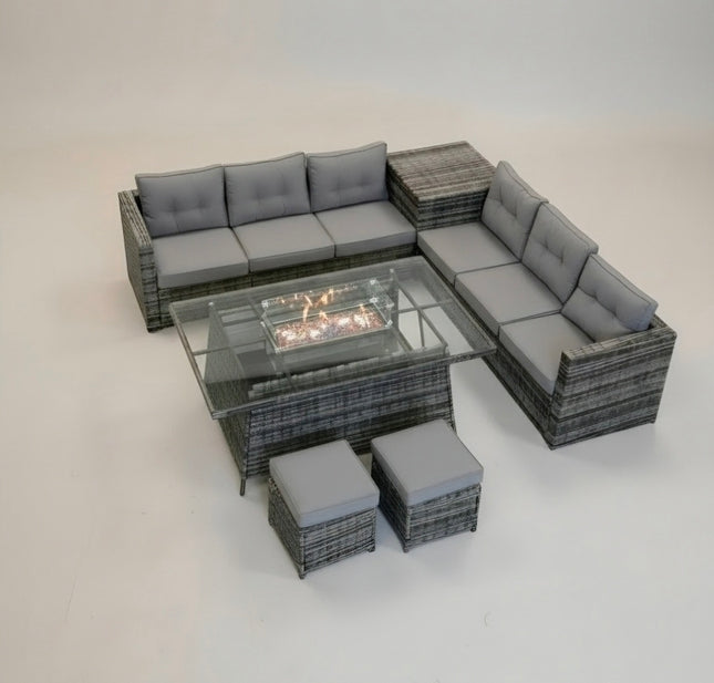 8 Piece PE Rattan Garden Furniture Set with Gas Fire Pit, Storage Box & Covers