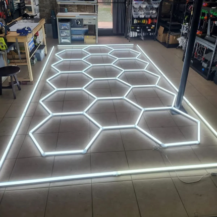 HEXAGON LED RGB OR WHITE LIGHTS WITH FRAME CAR GARAGE WORKSHOP GYM SALON SHOWROOM