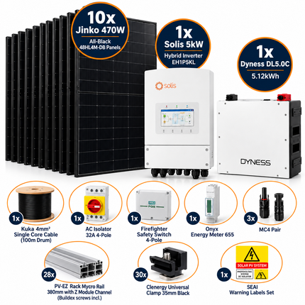 10 × Jinko 470W Solar Panels + Solis 5kW Hybrid Inverter + Dyness 5.12kWh Battery
