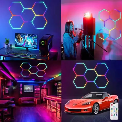HEXAGON LED RGB OR WHITE LIGHTS WITH FRAME CAR GARAGE WORKSHOP GYM SALON SHOWROOM