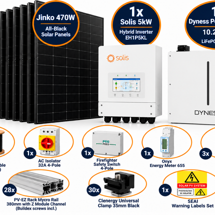 16 x Jinko 470W solar panels, 10.24kWh Dyness PowerBox G2 battery, and a 5kW Solis hybrid inverter.
