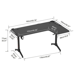 L Shaped Desk Corner Gaming RGB Table With LED lightsL shaped design, the desk fits perfectly in the corner and save a lot of space, 63 inch long, plenty of space for 3pcs 24 monitors, controllers, consoles, keyboard, 