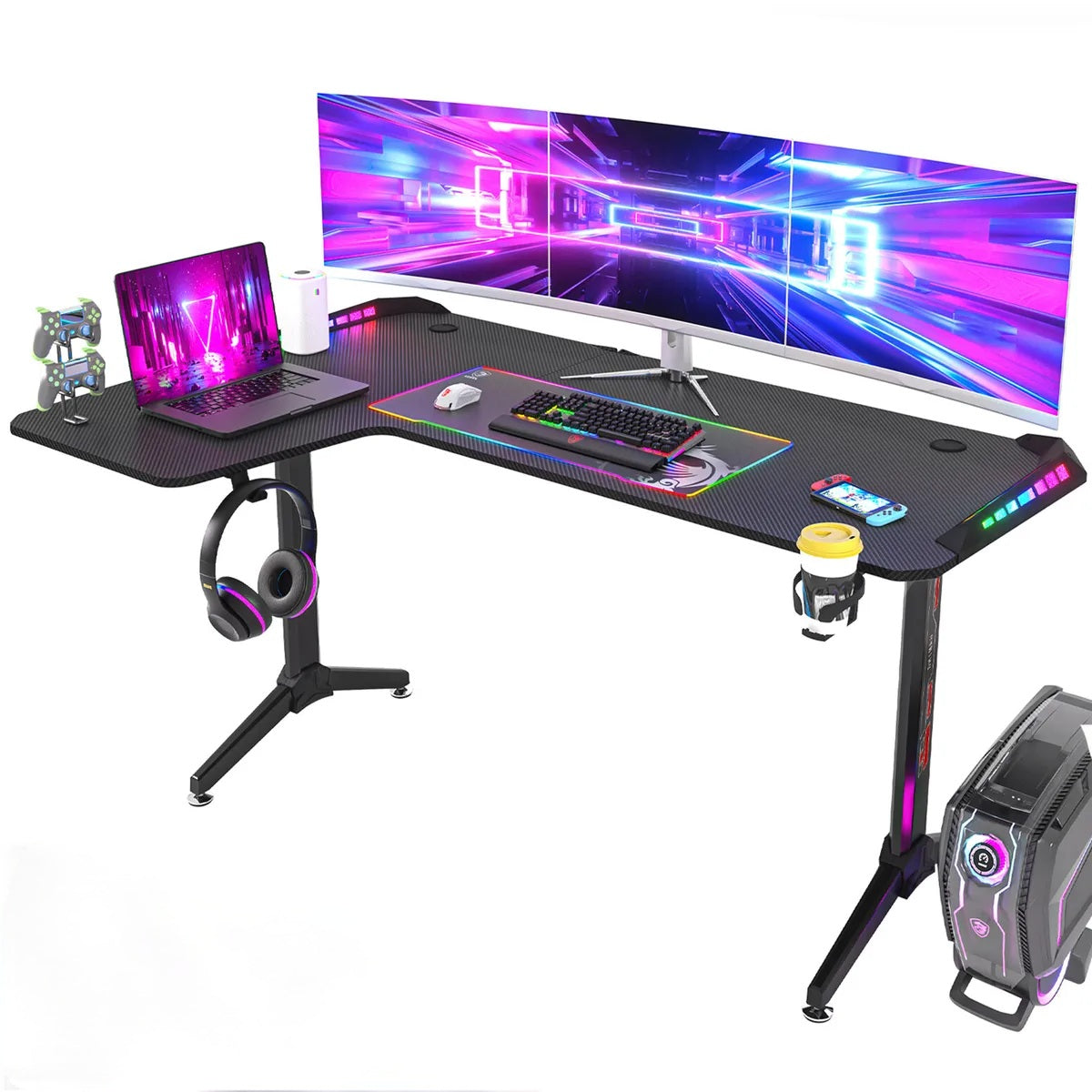 L Shaped Desk Corner Gaming RGB Table With LED lightsL shaped design ...