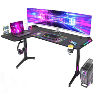 L Shaped Desk Corner Gaming RGB Table With LED lightsL shaped design, the desk fits perfectly in the corner and save a lot of space, 63 inch long, plenty of space for 3pcs 24 monitors, controllers, consoles, keyboard, 