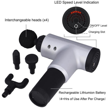 Massage GunMassage Gun Hand-Held Therapy Device For Relaxing Shock Vibration Deep MusclesBrand newMaterial: ABSPower: 2030WNumber Of Massage Heads: 4Battery Capacity: 2500mAhRa