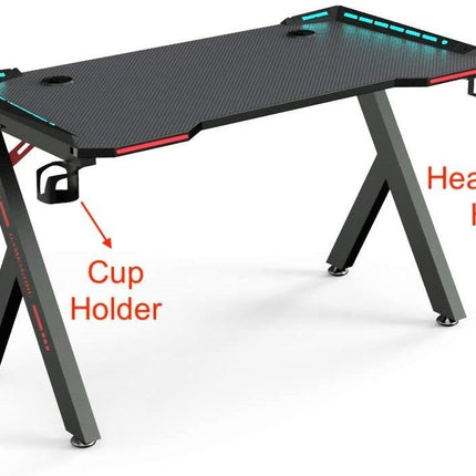 Gaming PC Table With LED lightsGaming Desk with RGB LED Lights, Computer Desk, with USB Gaming Handle Rack, Cup Holder &amp; Headphone Hook,
LARGE GAMING SURFACE:This gaming desk has a sleek carbo