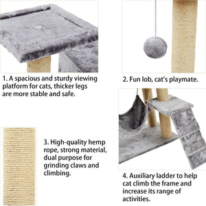 Large Kitten Cat Tree ScratcherThis cat tree comes with a hammock and a ladder 
Cats love to climb and hide- this cat tree provides all features for them to do so. 
The size of this luxurious cond