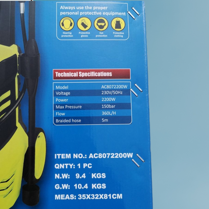 Electric PRESSURE Power WASHER 2200w2200W PRESSURE WASHER150 Bar PressureHose Length: 5 Metre360 Litre/Hour Flow RateIncluded:BrushLance ExtensionPatio CleanerCan post nationwideNext day delivery if pa