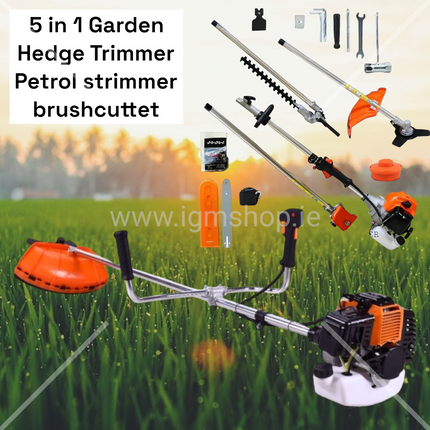 Strimmer 5 in 1 hedge trimmer BRUSHCUTTER5 in 1 Garden Hedge Trimmer Petrol trimmer Chainsaw Brush cutter Multi Tool 52cc
 1.75KW 2 stroke engine hedgecutter 
The 5 different attachments (brush cutter, gras