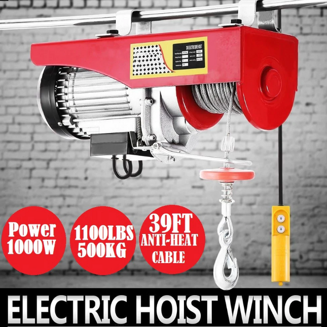 Hoist winchCapacity of Single/Double Line: 250kg/550lb, 500kg/1100lb  
Electric Hoist Lift 12m/40ft Electric Hoist Winch Durable 1000W Electric Forklift Steel Pallet Holder Lev